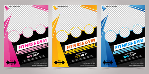 Pink, Yellow and Blue color fitness body building and gym flyer A4 size template - obrazy, fototapety, plakaty