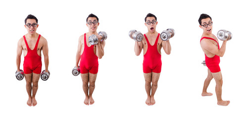 Funny guy with dumbbels on white