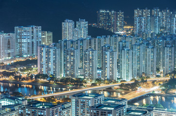 Fototapeta na wymiar Aerial view of residential district of Hong Kong city at night