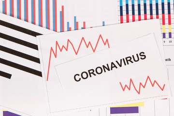 Inscription coronavirus and declining chart as risk of financial crisis caused by virus