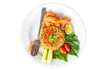 Isolated Fried rice with spicy shrimp on a white background with clipping path. ,  food Thai style.