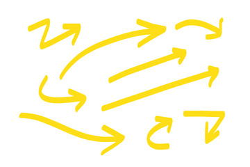Hand drawn yellow arrows doodle direction mark. Handmade sketch symbols set on a white background. vector illustration graphic design elements.