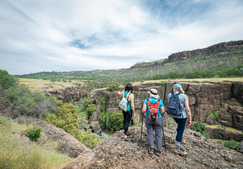 Fototapeta na wymiar Three women hikers trekkers wearing backpacks survey vast landscape of bluffs and canyons