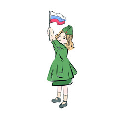 Girl in military uniform holds the Russian flag.