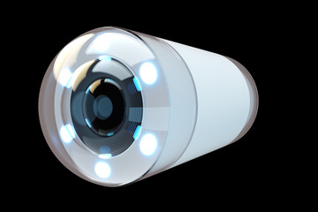 Capsule size camera for endoscopy isolated on black background. The concept of medicine, high technology, stomach disease, digestive tract disease. 3D rendering, 3D illustration.