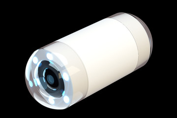 Capsule size camera for endoscopy isolated on black background. The concept of medicine, high technology, stomach disease, digestive tract disease. 3D rendering, 3D illustration.