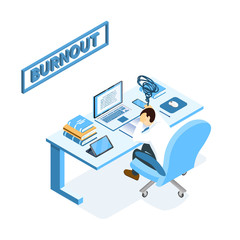 Isometric burnout concept, young man sitting at the table, businessman or student burning brain form work or study.