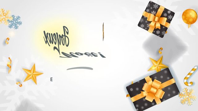 german joyeux noel et bonne annee written on white scene with offer boxes wrapped with xmas cardboard with flake and golden bows surrounded by galaxy confetti and tree bulbs