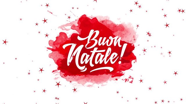 italian laughing christmas script with words buon natale written with white classic offset over red watercolour splash