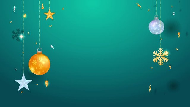 golden and silver tree bulbs stars snowflakes and confetti hanging on the sides of turquoise background leaving space for text for christmas season