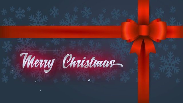 merry christmas and happy new year with cursive type words written on a gift detail with red bow and wrapping paper with flake