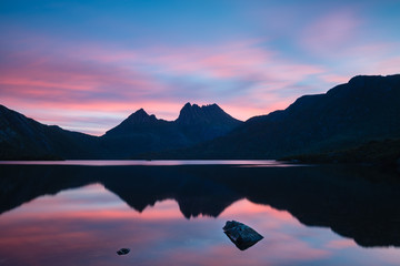 Cradle Mountain reflected in Dove Lake at sunset