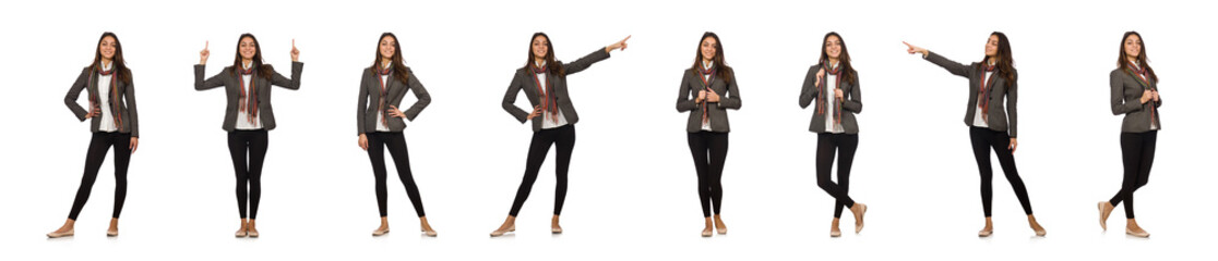 Girl in gray jacket isolated on white