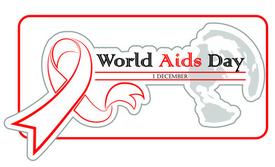 World Aids Day, Aids Awareness Red Ribbon with earth background banner. World Aids Day poster . Vector Illustration