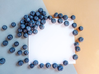 a pile of large blueberries on a white sheet of paper for text laid out in a frame. multi-colored gray and beige texture background
