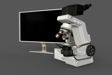 White lab microscope, system box and empty screen isolated, photorealistic medical 3d illustration with fictive design, microscopy discovery concept
