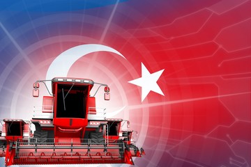 Digital industrial 3D illustration of red modern wheat combine harvesters on Turkey flag, farming equipment modernisation concept