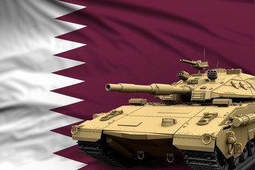 Qatar modern tank with not real design on the flag background - tank army forces concept, military 3D Illustration