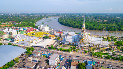 Aerial view of great grand architecture of Wat Sothon Wararam Worawihan located near Bang Pakong river in Chachoengsao province, Thailand.