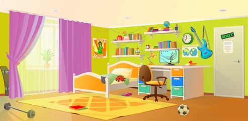 Fototapeta na wymiar Teenager boy room interior design banner. With bed, workplace with desk and pc computer, shelves, and toys and skateboard. Vector cartoon illustration