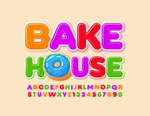 Vector emblem Bake House with decorative Donut. Bright modern Font. ColorFul Alphabet Letters and Numbers