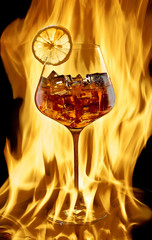 A glass of utywala kunye sika ka-lemon kwi-umlilo