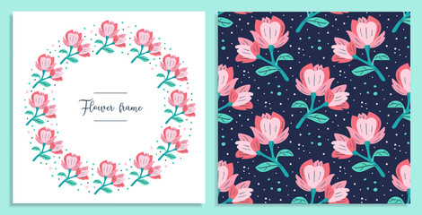 My little flower. Little pink magnolia flowers postcards. Flora design elements. Wild life, blooming flowers, botanic. Flat colourful vector illustration icon sticker isolated on blue background.