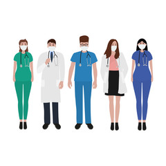 Young male and female doctors with stethoscope in a hospital. Cartoon flat, vector illustration