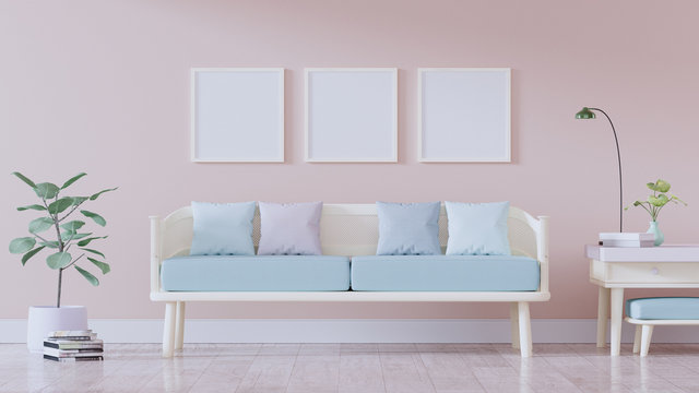 Pastel Living Room, Modern vintage interior of living room, Armchair with pink cushion - 3D Rendering