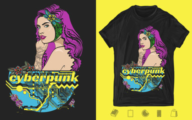 Cyberpunk girl pop art style. Robot woman portrait. Creative print for dark clothes. T-shirt design. Template for posters, textiles, apparels