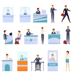 Bank teller icons set. Cartoon set of bank teller vector icons for web design