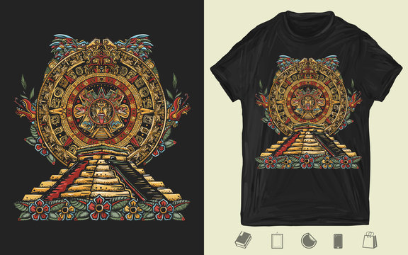 Aztec sun stone and pyramids Chichen Itzá and Kukulkan god (Feathered serpent). Creative print for dark clothes. T-shirt design. Template for posters, textiles, apparels. Mayan calendar
