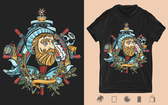 Old captain smokes pipe. Bearded seaman portrait. Sea wolf, lighthouse, steering wheel. Creative print for dark clothes. T-shirt design. Template for posters, textiles, apparels