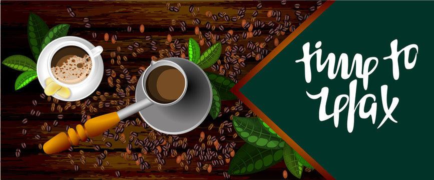 Vector background image of coffee in a Turk and in a cup with a scattering of coffee beans. The concept of having a good time in self-isolation or in leisure facilities. With a box for your inscriptio