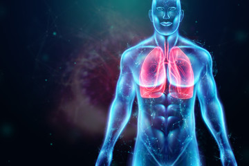 Hologram of inflamed lungs in the human body. The concept of lung disease, pneumonia, covid-19 pandemic, coronavirus. 3D rendering, 3D illustration.