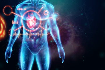 A hologram in the heart of a person, heart disease. Future Healthcare Hi Tech Diagnostic Panel. Modern medical science in the future. 3D illustration, 3D rendering.