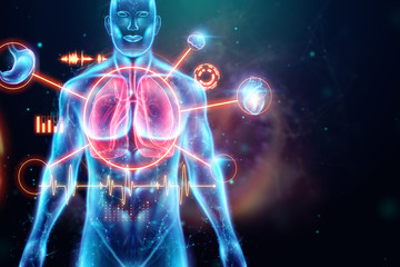 Hologram of inflamed lungs in the human body. The concept of lung disease, pneumonia, covid-19 pandemic, coronavirus. 3D rendering, 3D illustration.