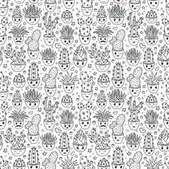 Vector pattern set of different succulents and cacti. Kawaii cute illustration style. Big set for background, packaging paper, stickers