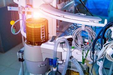 Mechanical ventilation equipment. Pneumonia diagnosting. Ventilation of the lungs with oxygen. COVID-19 and coronavirus identification. Pandemic.