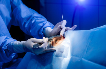 Ophthalmology operation. Surgeon's hands in gloves performing eye vision correction. Modern clinic...