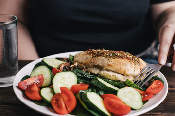 Diet concept, healthy lifestyle, low calorie food. Dieting. Closeup portrait of woman eating healthy food
