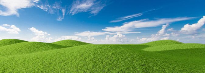 Obraz na płótnie Canvas Green grass field on small hills with blue sky and clouds. 3D rendering.