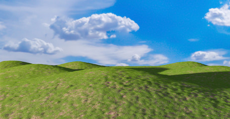 Beautiful landscape with a green grass field hills and the blue sky on the background, 3D rendering.