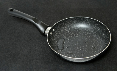 Frying pan with drops of water on an isolated black background.