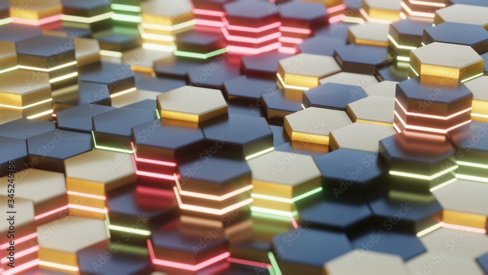 Poster 3d illustration abstract futuristic surface with colorful hexagons pattern background. high technolo