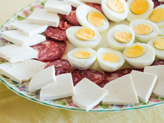 Traditional Neapolitan refreshment dish served for Easter lunch - salami, salted ricotta and hard boiled eggs cut in halves.