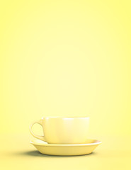Yellow ceramic mug with saucer on a yellow background.
