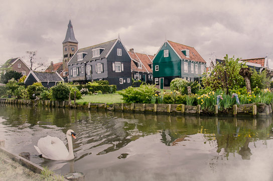 Watercolor effect of photo with view of swan swiming in the canal near traditional wooden fishing houses in Marken, Netherlands. Watercolor illustration.