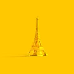 abstract 3d render of eiffel tower in Paris. Travel concept design on yellow background