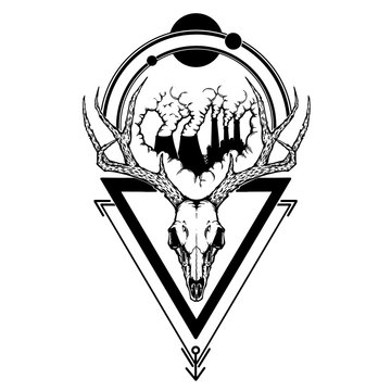 deer skull and factory smoke with triangle shape vector illustration for tattoo, printing on t-shirts, posters and other items. animal skeleton drawing. wildlife tattoo symbol design.